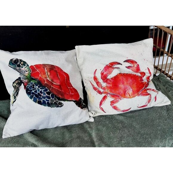 Sea Turtle Crab Throw Pillow Cover Hand Painted Art Deco Chair Beach House READ - Picture 1 of 12